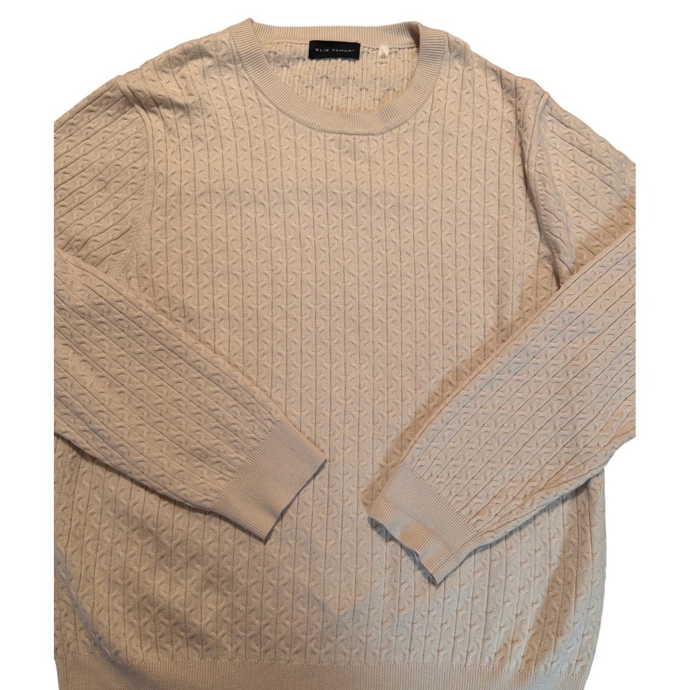 Elie Tahari Women Beige Cable Knit Sweater Long Sleeve Crew Neck Pullover‎ L